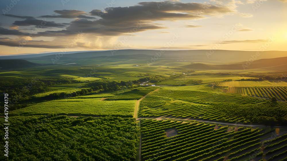 Top view of A Green Vineyard sunset at Tascany Top view of A Green Vineyard sunset at Tascany