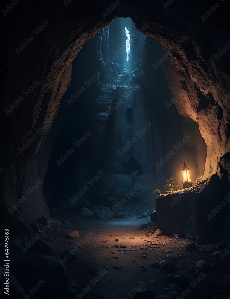 A mysterious, dark cave with a glowing, illuminated wall, perfect for writing stories and secrets