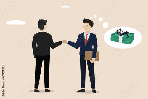 Fake agreements, business lies or deceiving business partners, fake business deals or deceiving superiors, long-nosed businessmen's agreements with their teammates. Illustration successful business.