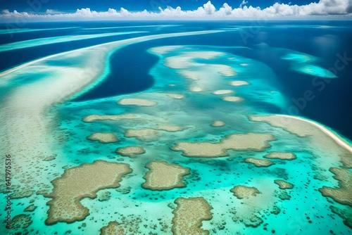  Great Barrier Reef from above  showcasing a mosaic of coral atolls  turquoise waters  and sandy islets 