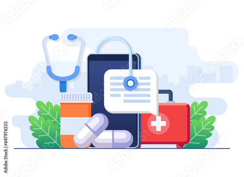 Online healthcare mobile application concept flat illustration vector template, Oline pharmacy, Medical service, Telemedicine
