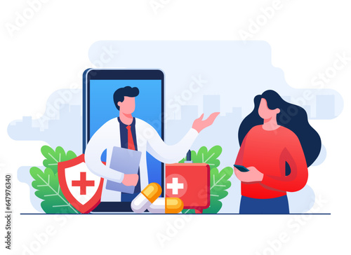 Female patient talk with doctor through online healthcare mobile app, Online consultation service, Ask doctor, Online medical advice, Telemedicine, Digital prescriptions and teletherapy