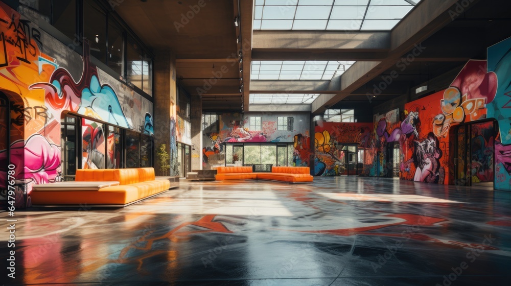 Abstract modern open space interior with colorful furniture and abstract graffiti on walls
