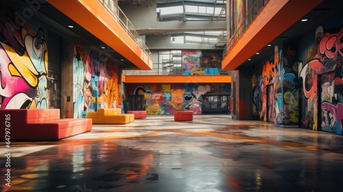 Abstract open space interior with colorful furniture and abstract graffiti on walls