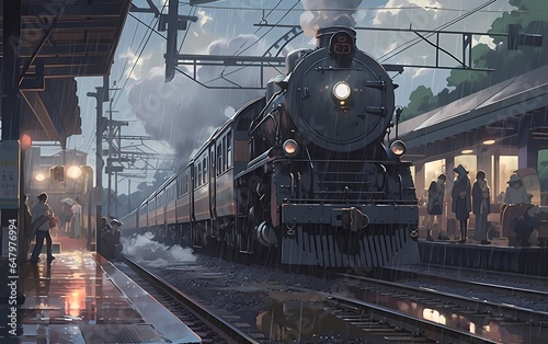 train pulling into a station amid a gentle rain