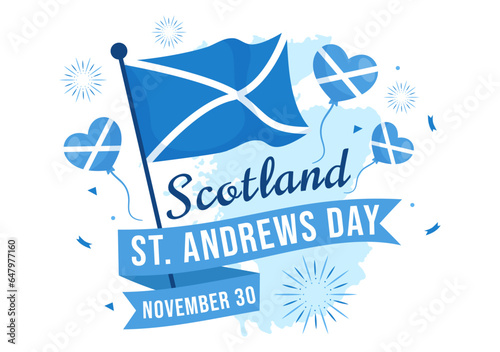 Happy St Andrew Day Vector Illustration on 30 November with Scotland Flag in National Holiday Celebration Flat Cartoon Blue Background Design