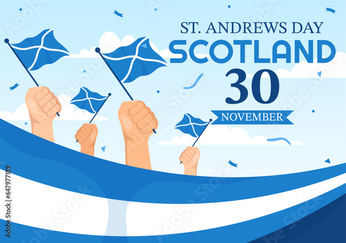 Happy St Andrew Day Vector Illustration on 30 November with Scotland Flag in National Holiday Celebration Flat Cartoon Blue Background Design photo