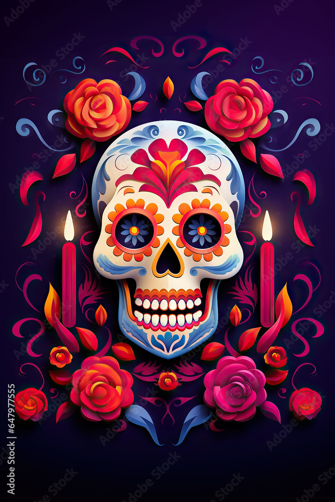 Dia de los Muertos. Day of the Dead poster with smiling sugar holiday skull, flowers Dia de los Muertos. Day of the Dead poster with smiling sugar holiday skull, flowers