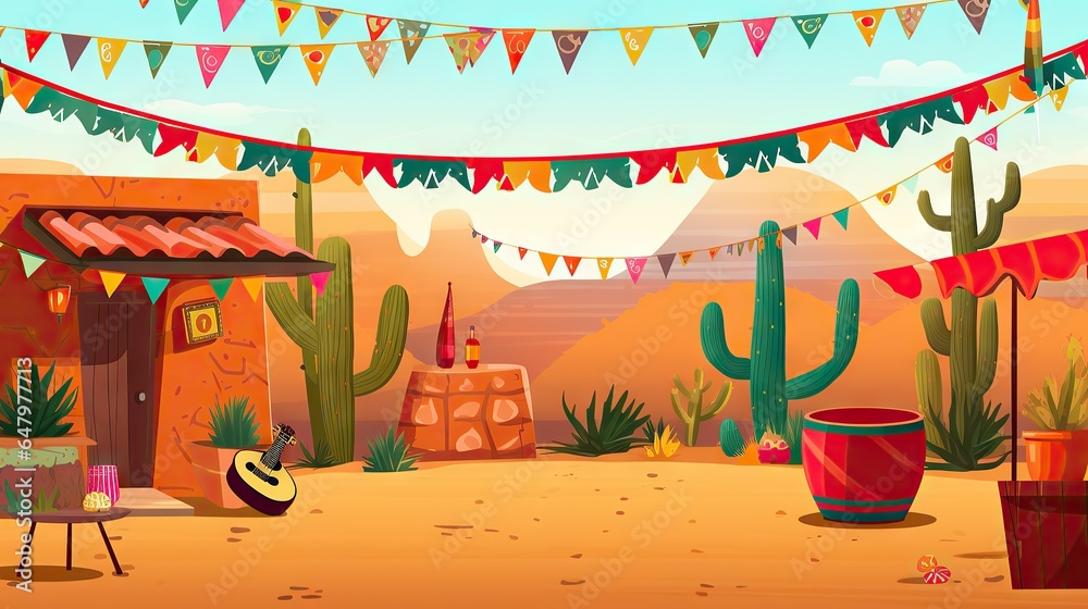 Obraz premium Festive Mexican background, copy paste. Desert and cacti, Mexican hat and guitar