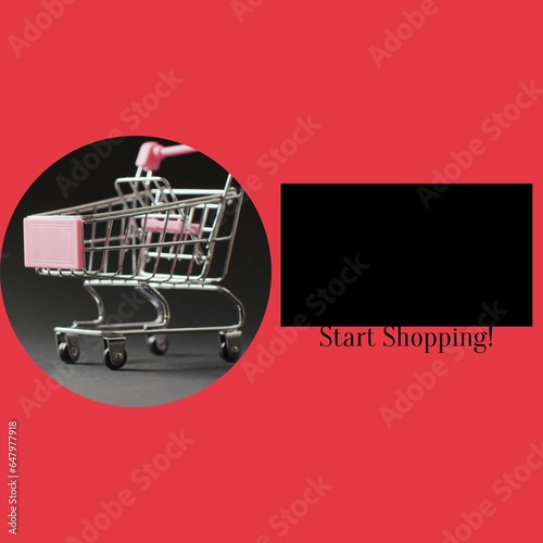 Start shopping text with shopping trolley on red background