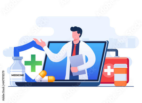 Doctor talk online concept flat illustration vector template, Online consultation service, Ask doctor, Online medical advice, Telemedicine, Digital prescriptions and teletherapy
