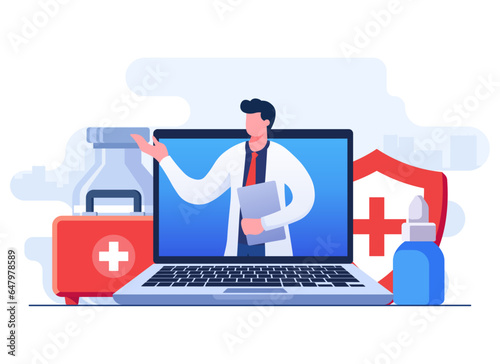 Doctor talk online concept flat illustration vector template, Online consultation service, Ask doctor, Online medical advice, Telemedicine, Digital prescriptions and teletherapy