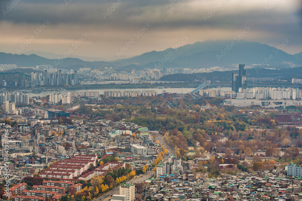 Seoul South Korea, city skyline at Seoul city center and Han River view from Namsan Mountain in autumn