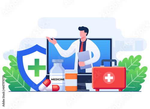 Doctor talk online concept flat illustration vector template, Online consultation service, Ask doctor, Online medical advice, Telemedicine, Digital prescriptions and teletherapy