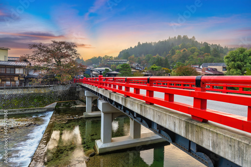 Takayama Gifu Japan, sunrise city skyline at Nakabashi red bridge and Miyagaw...