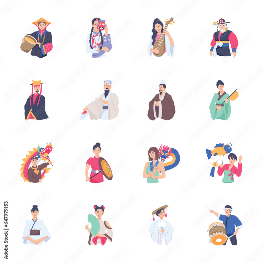 Set of 16 Flat Chinese Character Illustrations 

