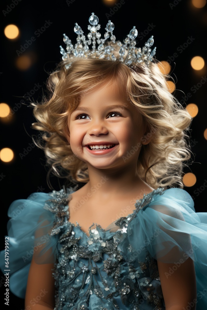Fototapeta premium Smiling baby wearing a fairy princess gown and a glittering tiara, Generative AI
