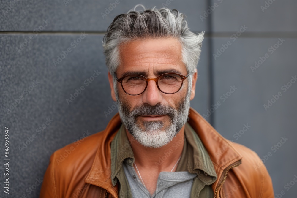 Portrait of a handsome middle-aged man with gray hair wearing glasses and a brown leather jacket. - obrazy, fototapety, plakaty 