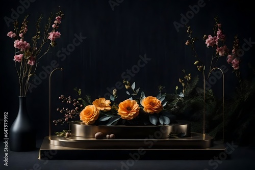  Dark and elegant podium scene for product presentation with realistic decorative flowers and branches in a still-life style can be visually stunning. 