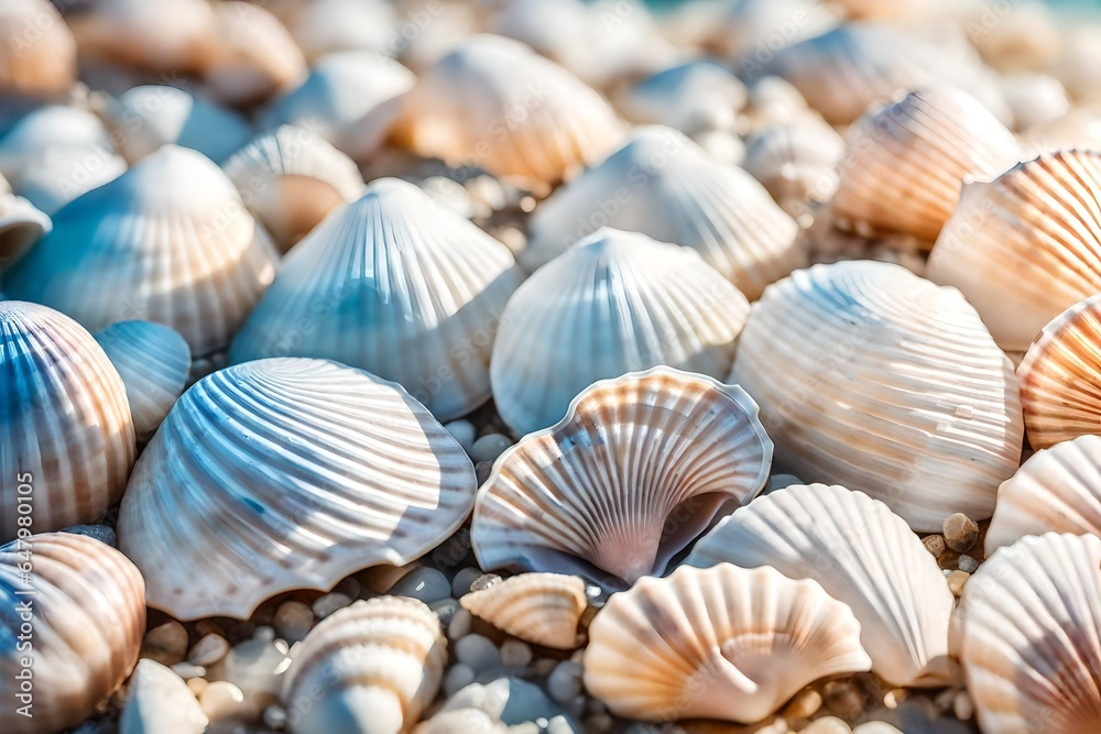 Extreme close-up of abstract blurred ocean seashells, coastal and beachy shades abstract background, isolated background for business