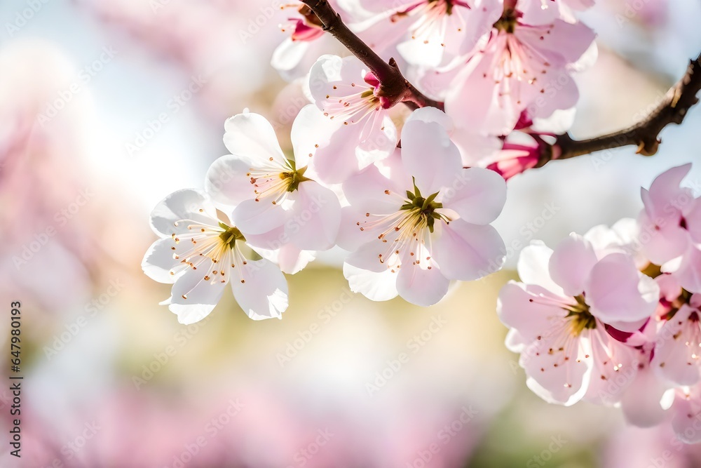 Extreme close-up of abstract blurred cherry blossoms in spring, soft pink and white petals abstract background, isolated background for business