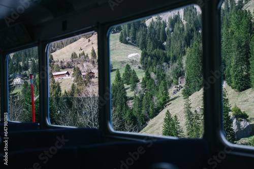 Cogwheel train window view of railway track Rigi Kulm line, Switzerland. © pangjee9
