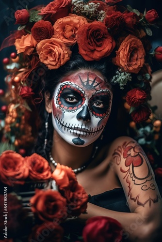 Portrait of a young woman with ceremonial make-up also known as Sugar skull, used in traditional Mexican Dia de los Muertos celebration