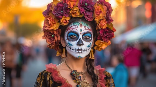 Portrait of a young woman with ceremonial make-up also known as Sugar skull, used in traditional Mexican Dia de los Muertos celebration © Svfotoroom