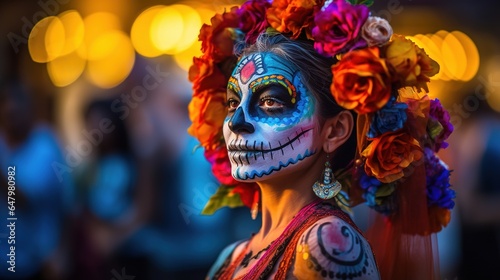 Portrait of a young woman with ceremonial make-up also known as Sugar skull, used in traditional Mexican Dia de los Muertos celebration