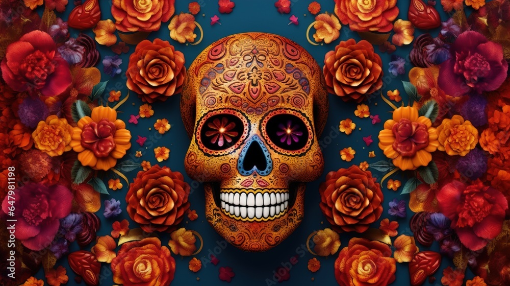 colorful skull on vivid background, day of the dead, dia de muertos. Hispanic heritage sugar skull marigold Festive dia de los muertos background. colorful skull on vivid background, day of the dead, dia de muertos. Hispanic heritage sugar skull marigold Festive dia de los muertos background.