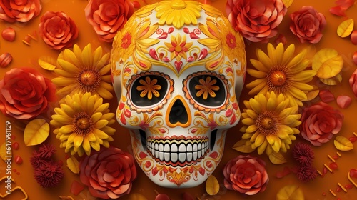 colorful skull on vivid background, day of the dead, dia de muertos. Hispanic heritage sugar skull marigold Festive dia de los muertos background.