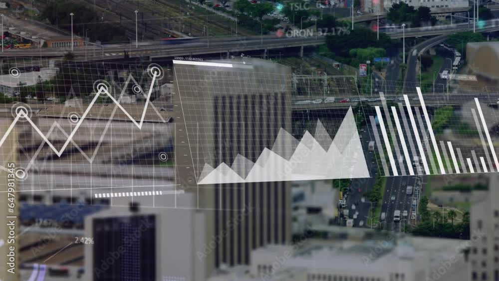 Animation of graphs, map, trading board and loading bars over time lapse of moving vehicles in city