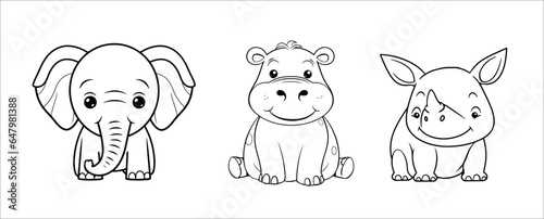 Cute funny elephant, rhinoceros and hippopotamus for coloring. Vector template for a coloring book with funny animals. Colouring page for kids.