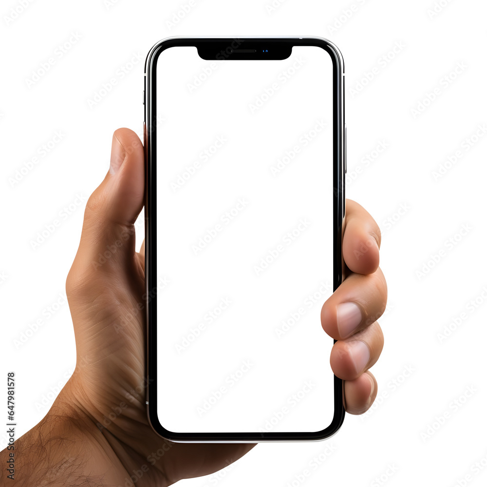 Man hand holding the smartphone with blank screen mockup, Cutout. Man hand holding the smartphone with blank screen mockup, Cutout.