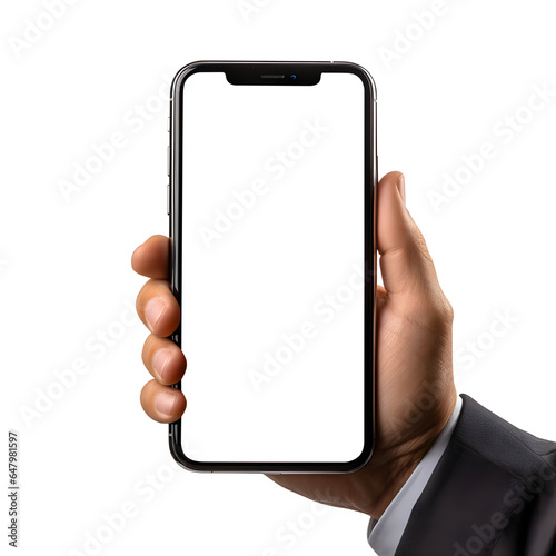Man hand holding the smartphone with blank screen mockup, Cutout.