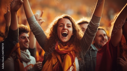 A photograph of a cheering crowd in a football stadium.