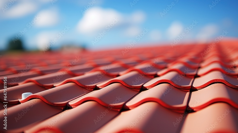 Photograph of New Roof, Close - up of red roof tiles against blue sky. - obrazy, fototapety, plakaty 