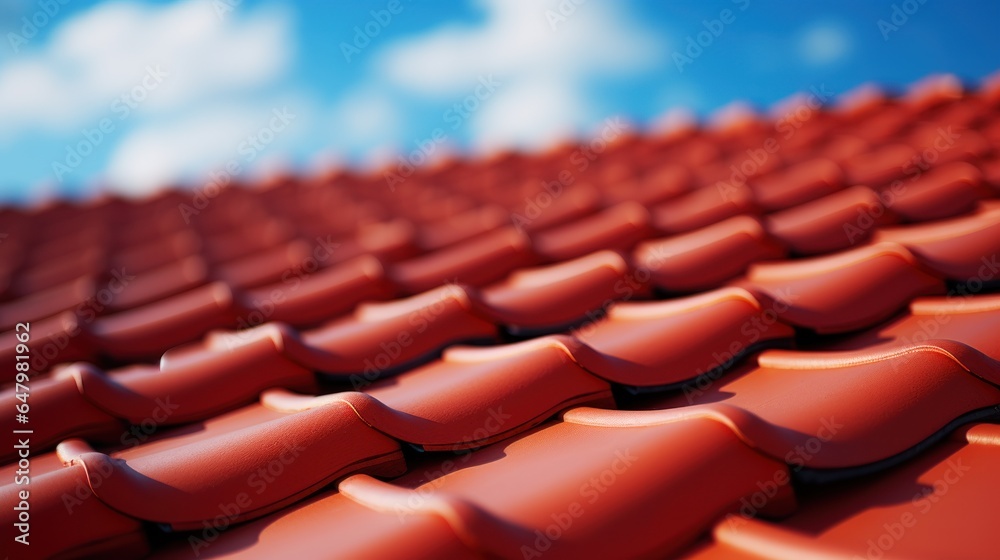 Photograph of New Roof, Close - up of red roof tiles against blue sky.