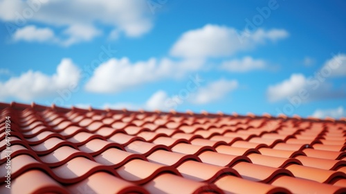 Photograph of New Roof  Close - up of red roof tiles against blue sky.