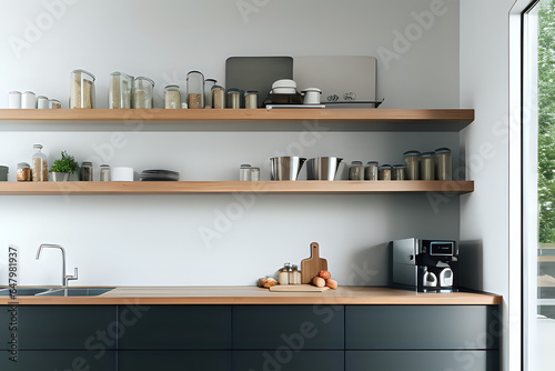Interior of modern kitchen with shelves. Kitchen interior © Nyetock