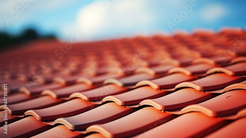 Photograph of New Roof, Close - up of red roof tiles against blue sky. photo