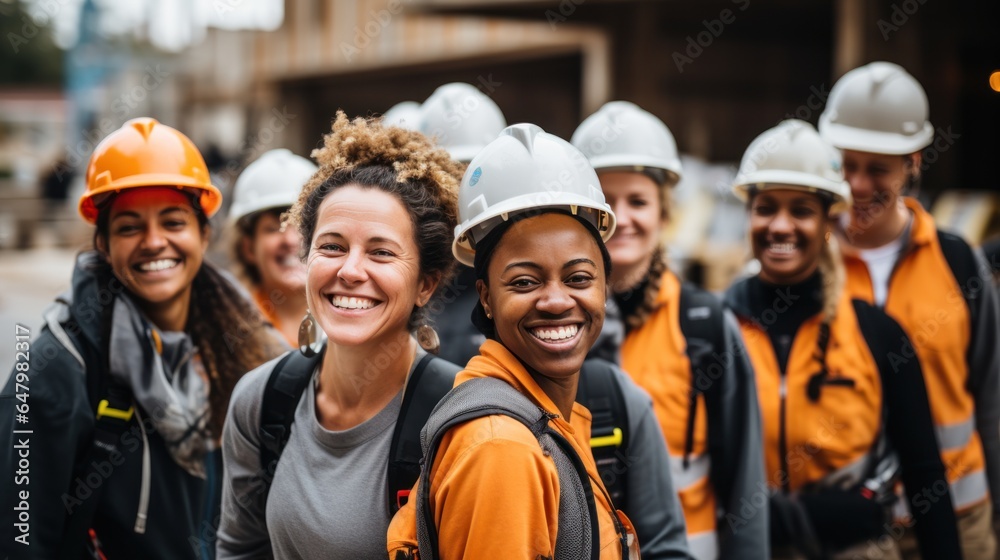 Photograph of smiling women, a group of various happy women doing construction work on a construction site. Photograph of smiling women, a group of various happy women doing construction work on a construction site.