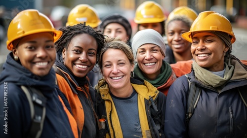 Photograph of smiling women, a group of various happy women doing construction work on a construction site.