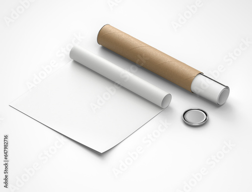 white plain empty blank rolled canvas poster and paper tube with metallic cap on isolated background