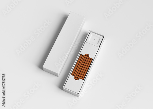 Foto white plain empty blank vertical open incense packaging box with incense holder