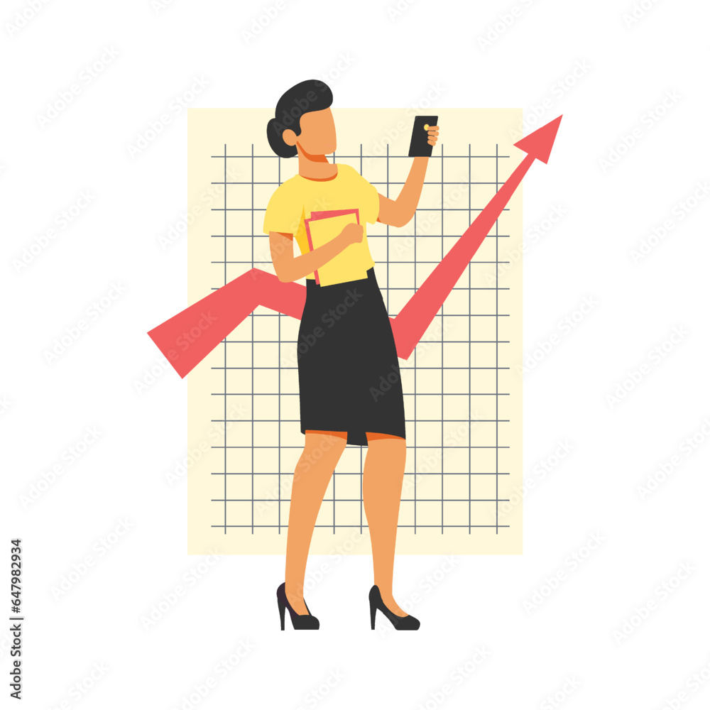 Businesswoman standing with notebook and mobile phone for business in front of sales graphical chart