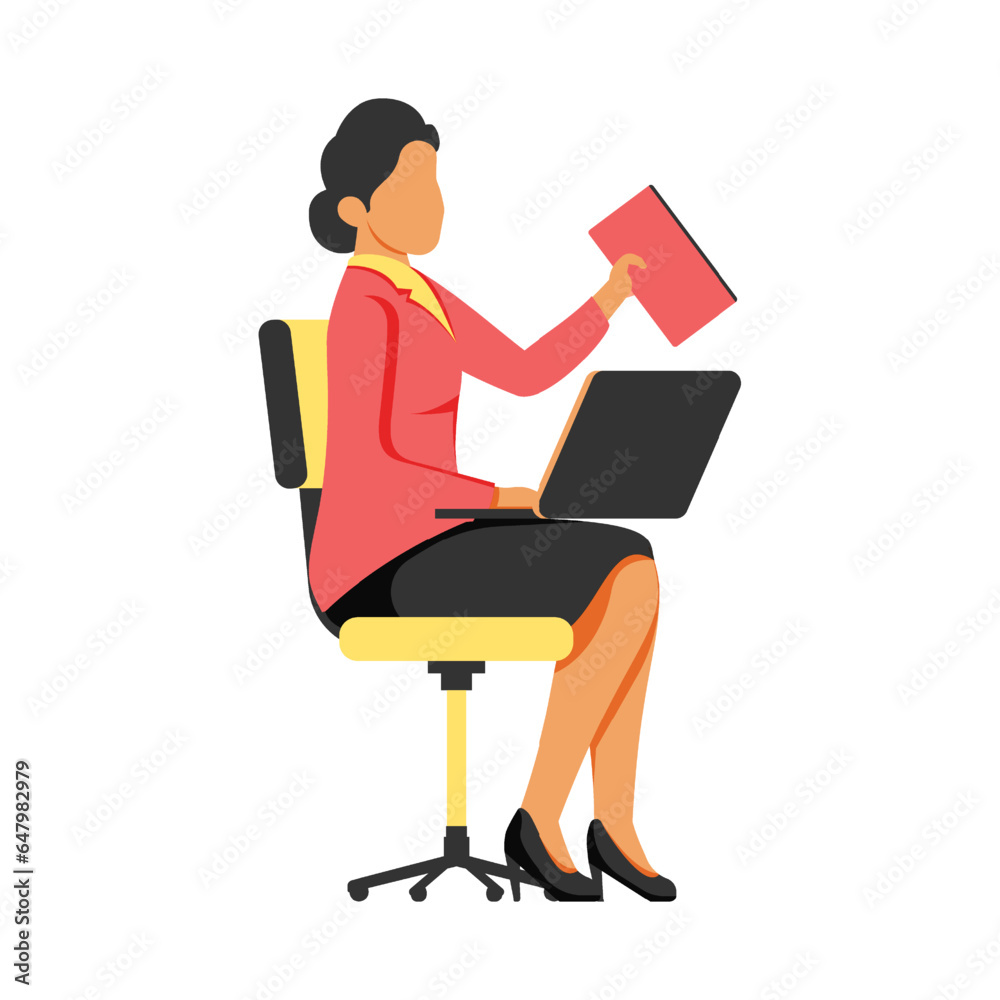 Businesswoman sitting on chair and working with laptop. Vector illustration in flat style Businesswoman sitting on chair and working with laptop. Vector illustration in flat style