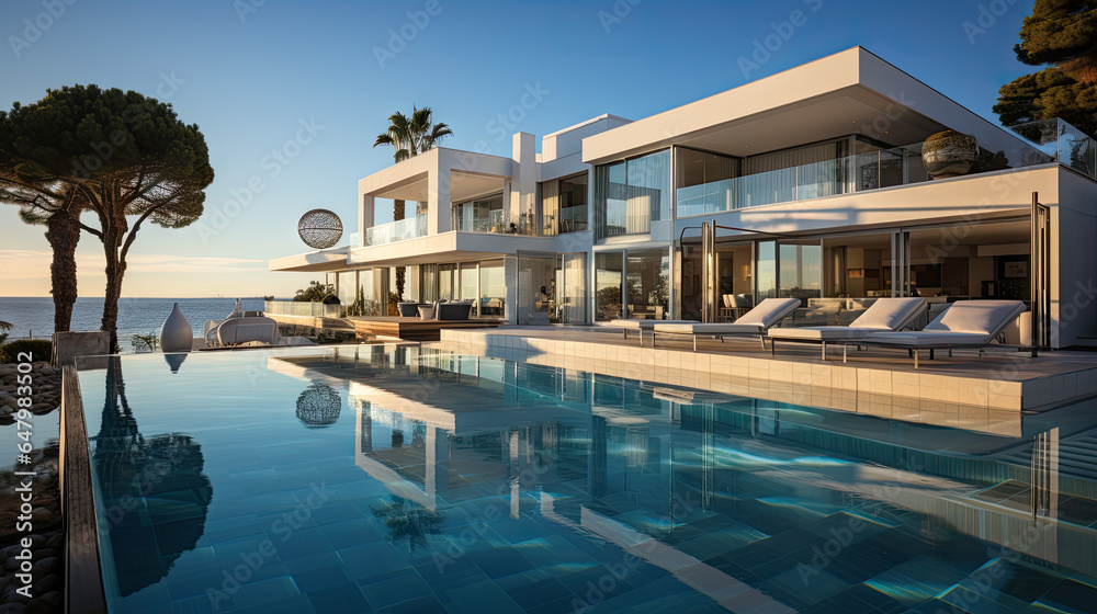 Fototapeta premium Modern Cubic Villa with Large Pool and Sea View