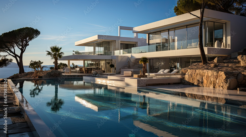 Fototapeta premium Modern Cubic Villa with Large Pool and Sea View