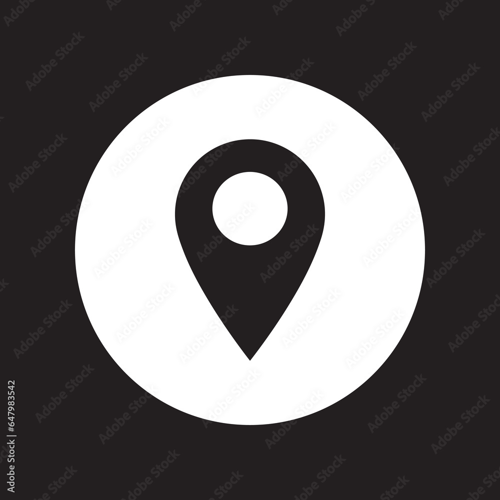 Location icon vector. Pin icon logo design. Pointer symbol in circle isolated on black background Location icon vector. Pin icon logo design. Pointer symbol in circle isolated on black background